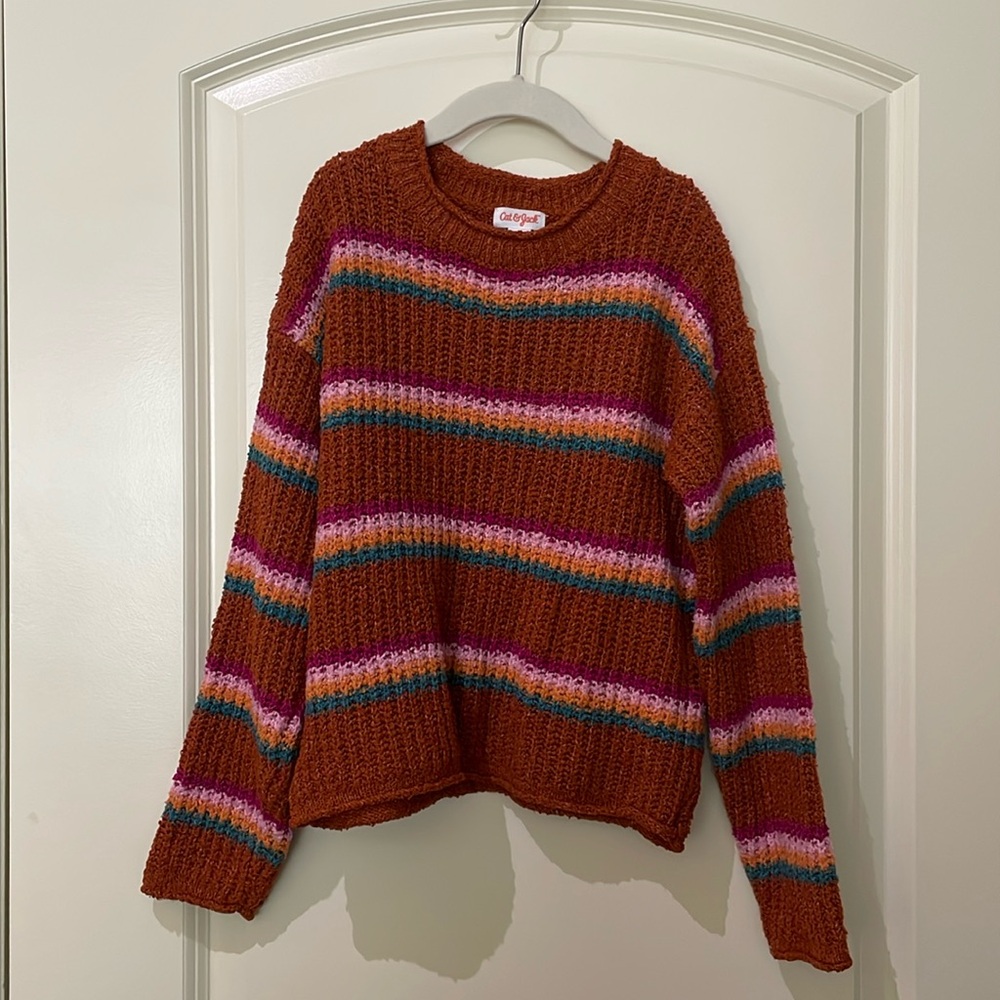 Cat & Jack Rust Striped Knit Sweater with Pink and Teal Accents